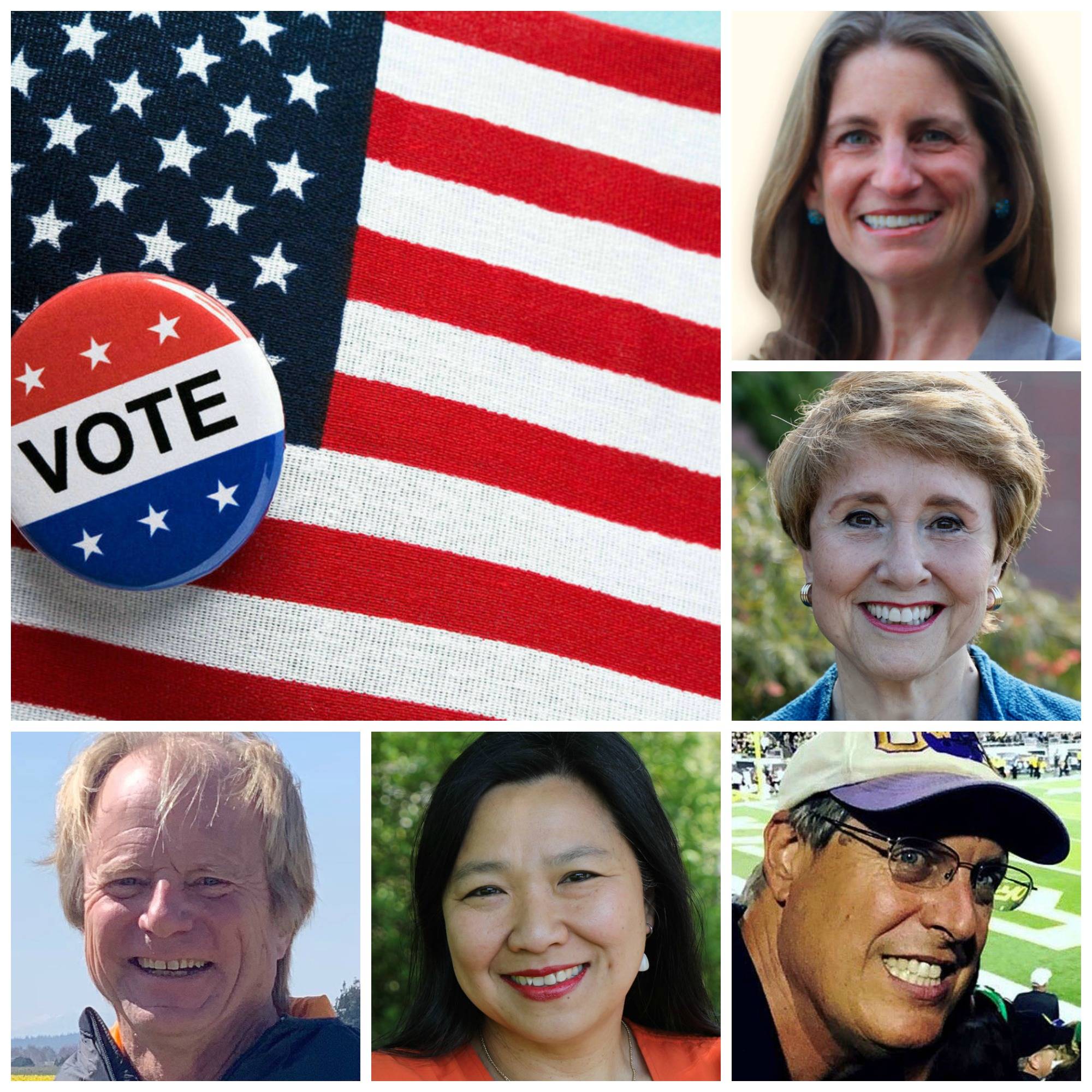 Clockwise from top right, Tana Senn, Lisa Wellman, Mike Nykreim, My-Linh Thai and Al Rosenthal. Photos from the King County Elections site