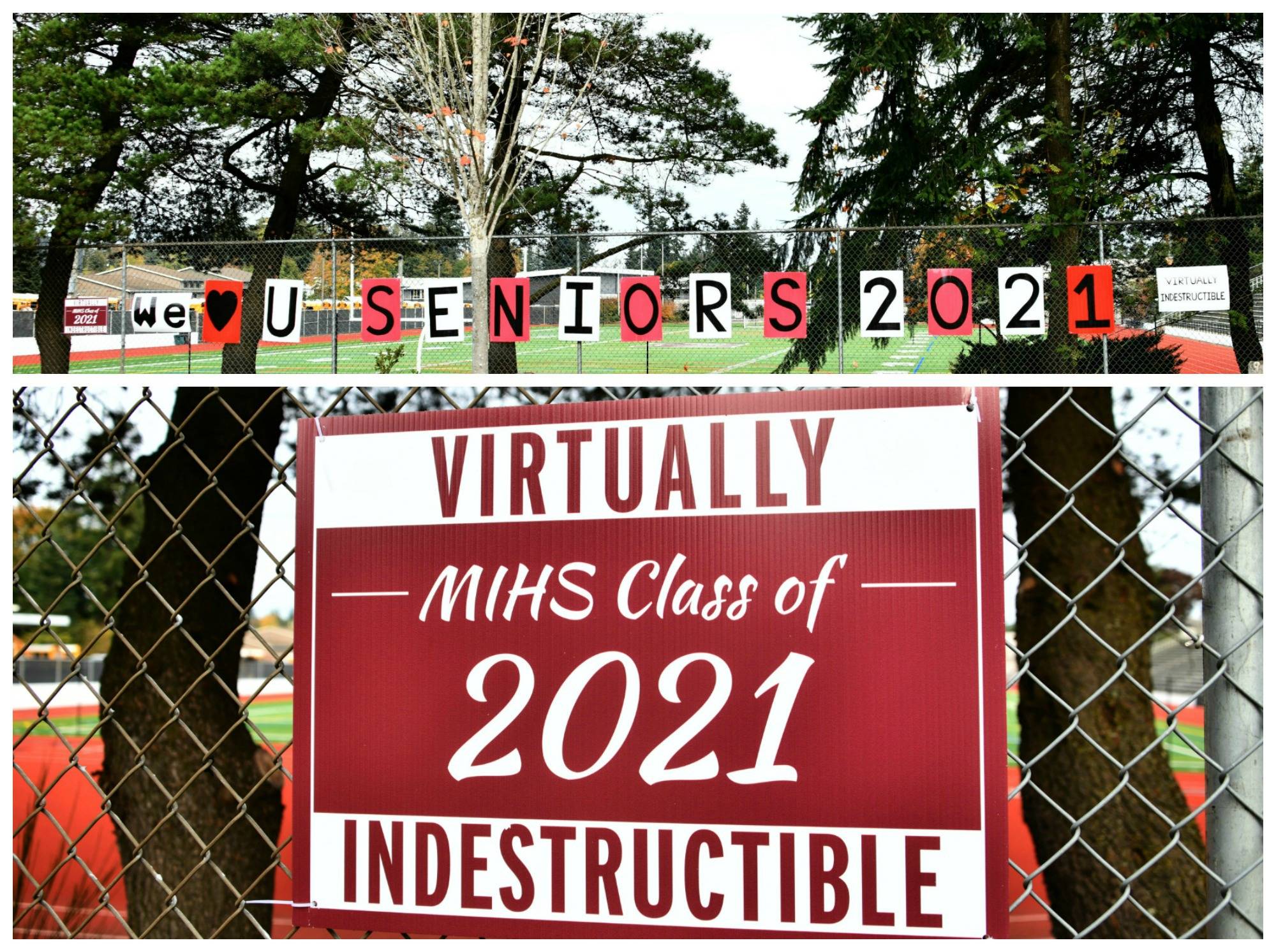 Mercer Island High School’s senior class of 2021 is honored outside the high school. Photos by Andy Nystrom/ Reporter
