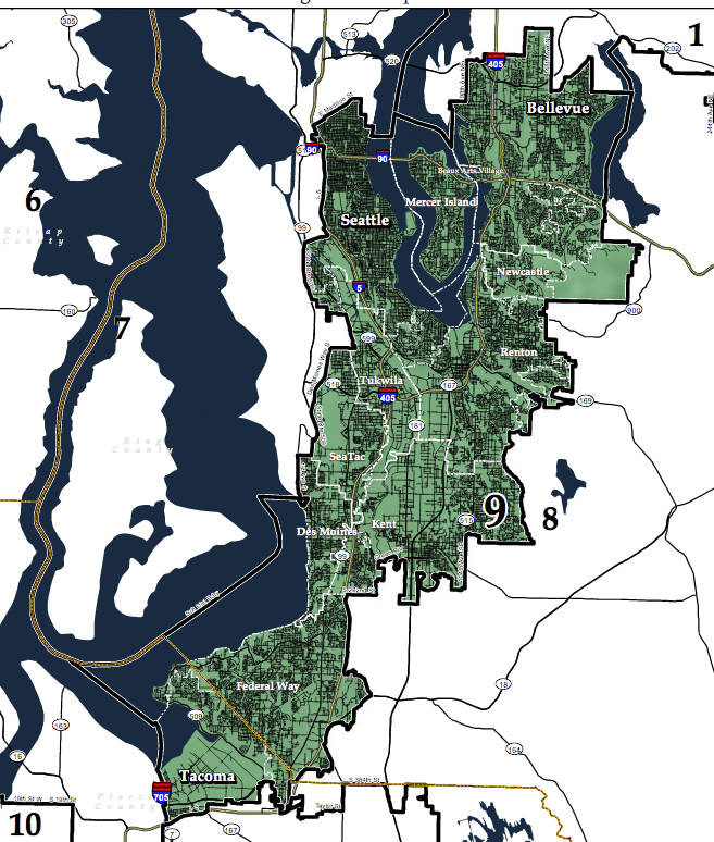 Map of the 9th Congressional District, which stretches from Bellevue to Tacoma and includes Mercer Island, Kent, Renton, South Seattle, Tukwila, SeaTac, Des Moines and Federal Way.