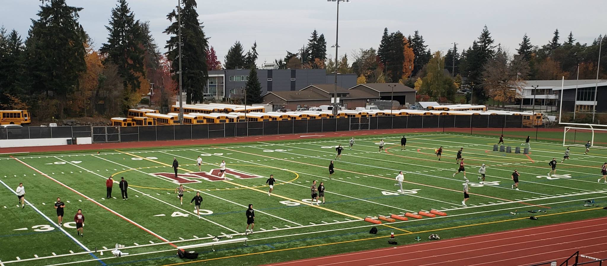 Mercer Island High School football players participate in a recent practice, which features six-person pods. Photo courtesy of Kyle McKenna