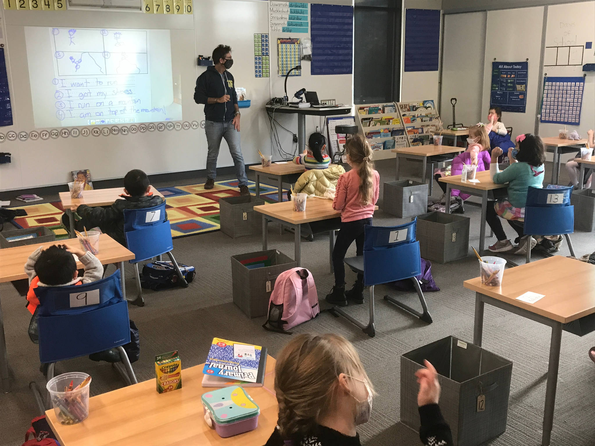 Mercer Island School District kindergartners returned to in-person classes at 9:15 a.m. today. Here’s the scene at Northwood Elementary School. Photo courtesy of the Mercer Island School District