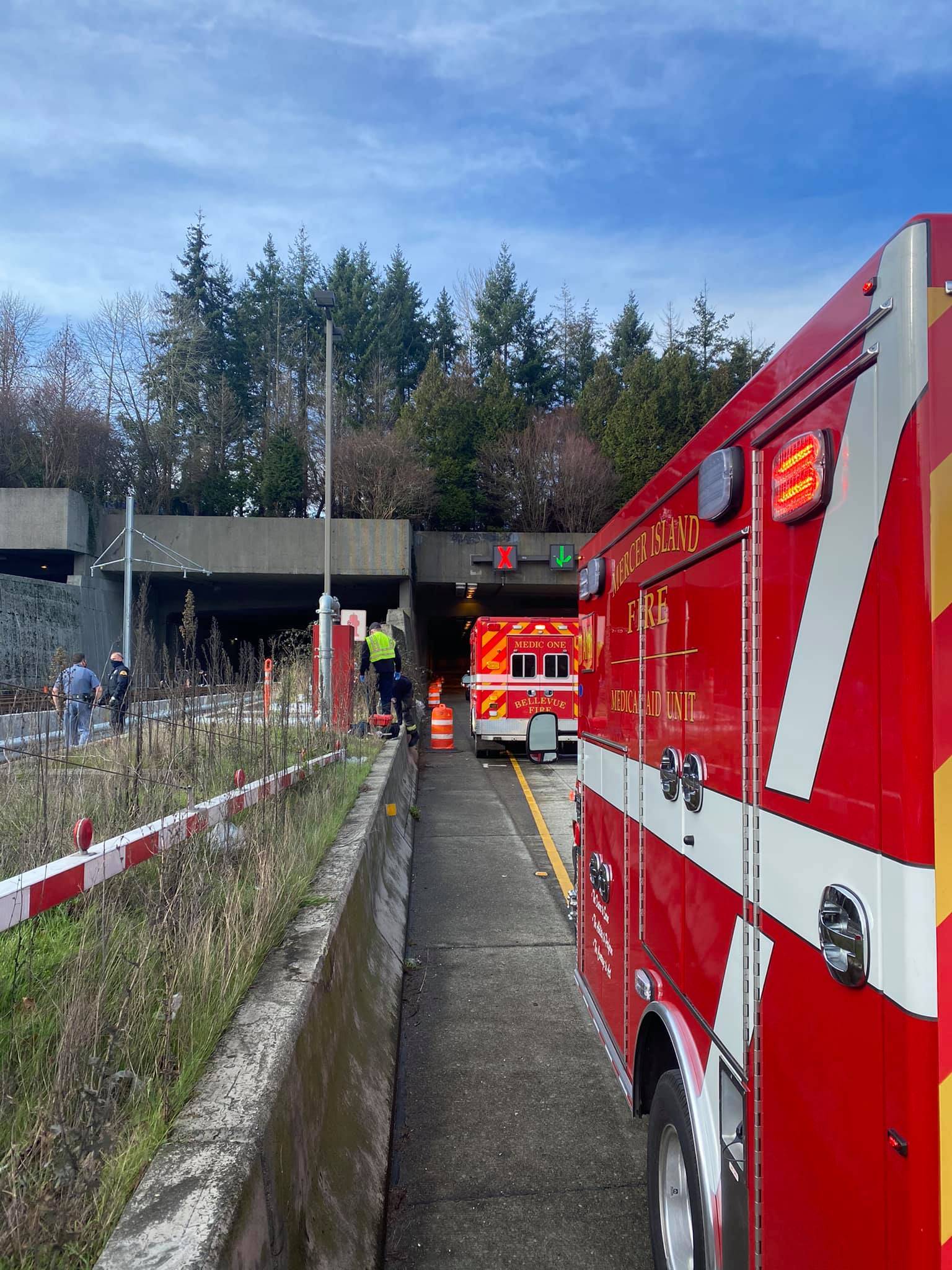 According to the Mercer Island Fire Department’s Facebook page on Jan. 27, a 38-year-old male fell onto the light rail tracks that are under construction on Interstate 90 westbound at the 76th Avenue Southeast overpass. Photo courtesy of the Mercer Island Fire Department’s Facebook page