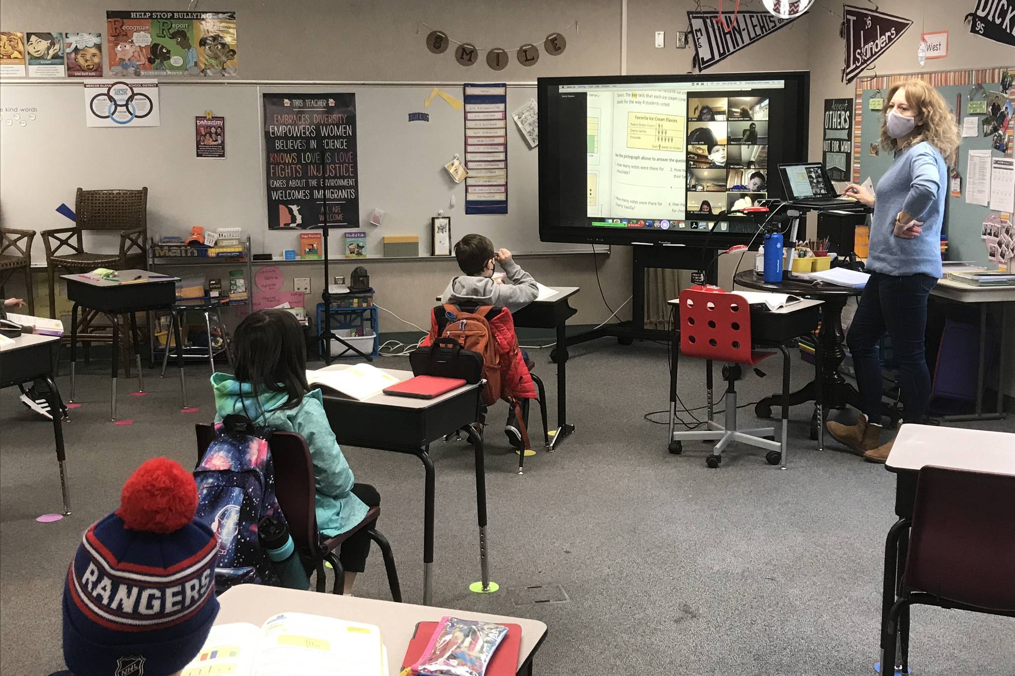 An Island Park Elementary teacher and her students hit the books on Feb. 8 in the Mercer Island School District. The single largest amount of Gov. Jay Inslee’s newly announce relief package, $668 million, will go to public elementary and secondary schools to prepare for reopening for some in-person learning and to address students’ learning loss. Courtesy photo