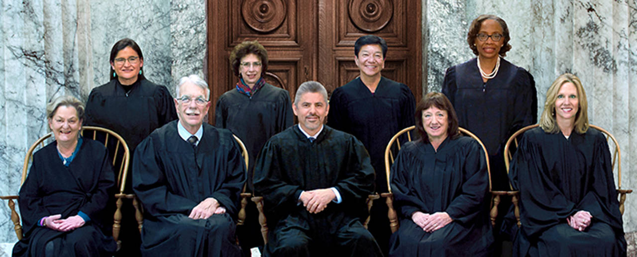 Washington State Supreme Court Justices (back row, L-R) Raquel Montoya-Lewis, Sheryl Gordon McCloud, Mary I. Yu, G. Helen Whitener, (front row, L-R) Susan Owens, Charles W. Johnson, Steven C. Gonzalez, Barbara A. Madsen and Debra L. Stephens.