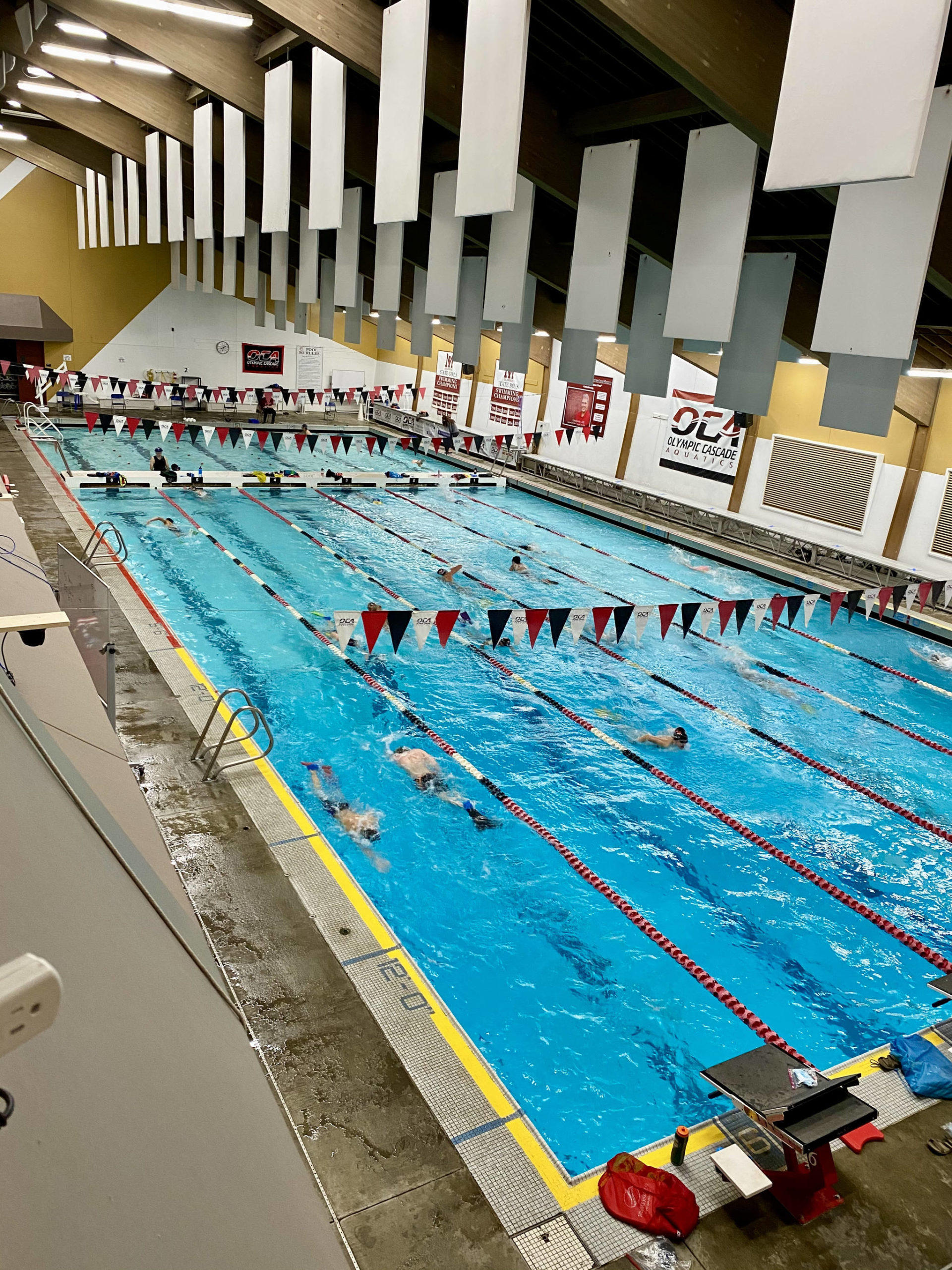 Team swimmers get in some practice at the Mary Wayte Swimming Pool as lessons take place in the shallow end on a recent day. Photo courtesy of Alice Godfred