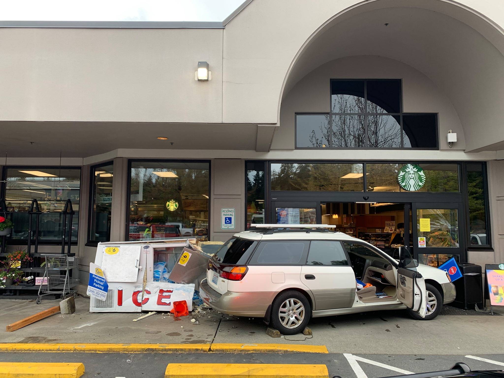 On the evening of April 28, a driver lost control of their vehicle and crashed into the south end QFC’s northern entrance at 8421 SE 68th St., according to the Mercer Island Fire Department (MIFD). There were no injuries. MIFD noted that the accident occurred at approximately 6 p.m., and the entry experienced significant cosmetic damage, but no structural components were compromised. QFC remained open for business following the accident, which is under investigation by the Mercer Island Police Department. Photo courtesy of the Mercer Island Fire Department