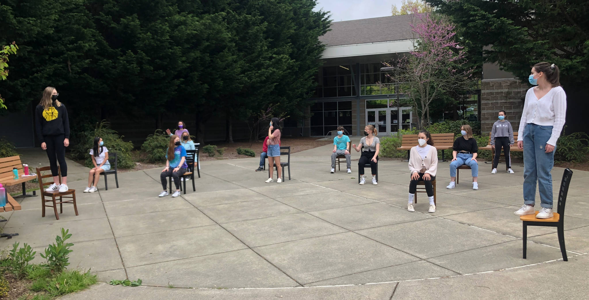 Mercer Island High School Drama Department students rehearse for their upcoming streaming production of the musical “The Theory of Relativity.” Photo courtesy of the Mercer Island High School Drama Department