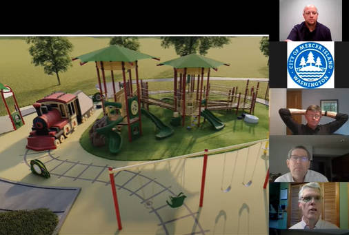 The city’s Parks and Recreation Commission and staff members examine a rendering of design option two of the Mercerdale Park playground renovation project. Zoom screenshot