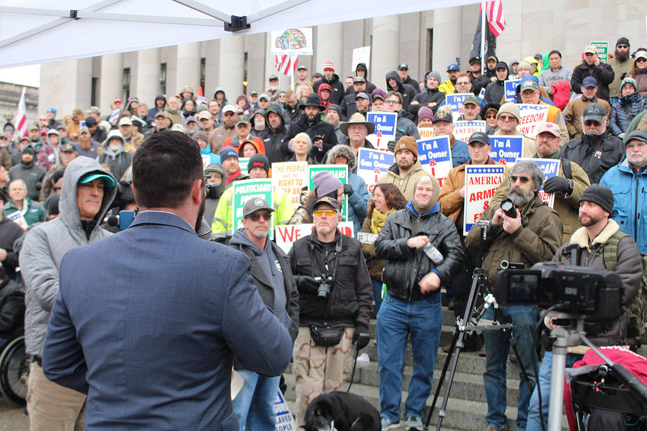 Matt Marshall, leader of the Washington Three Percenters gun rights group, addresses a crowd rallying for Second Amendment rights Jan. 17, 2020, at the state Capitol in Olympia. File photo