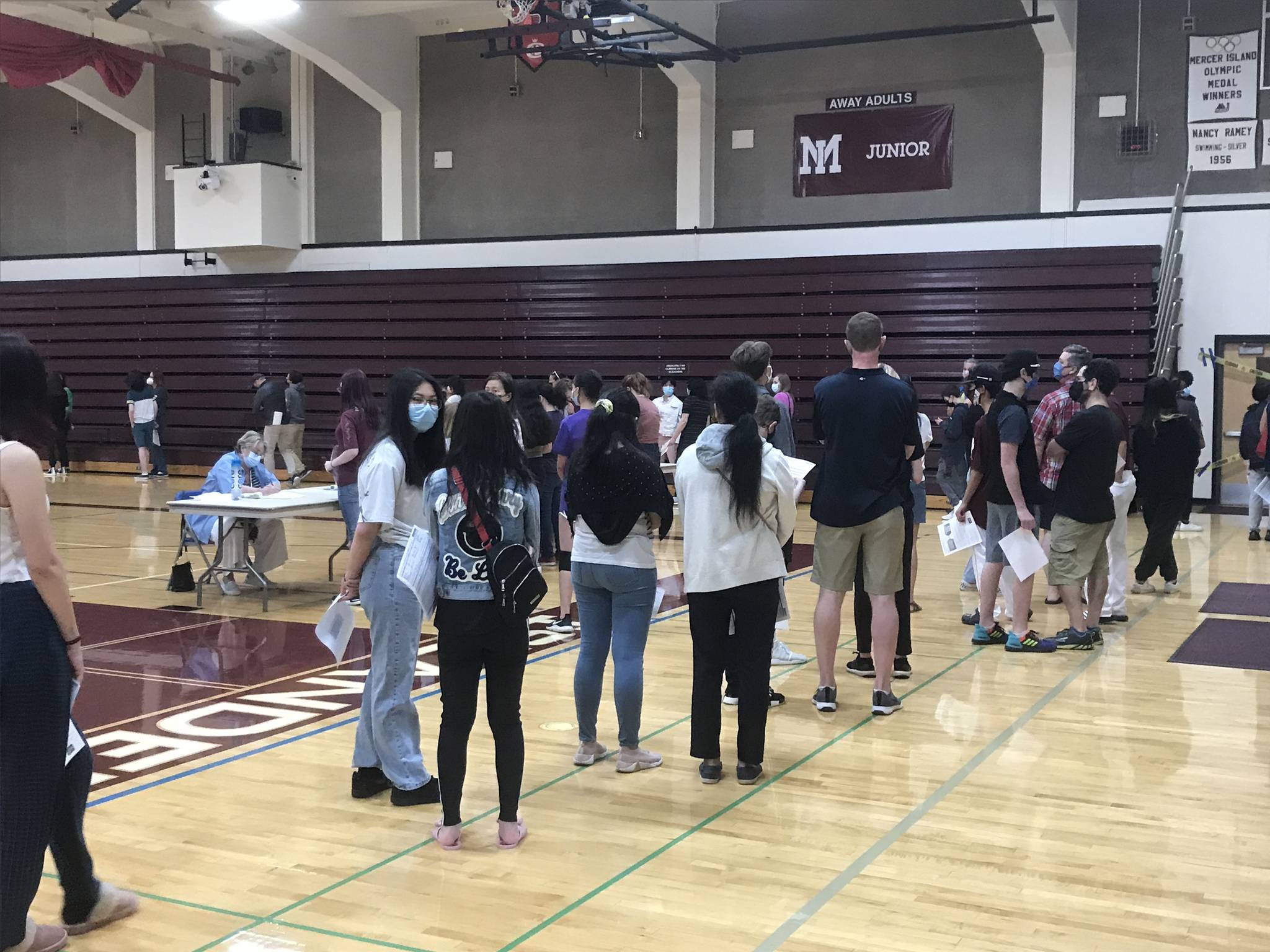 The Mercer Island School District hosted a COVID-19 Pfizer vaccine clinic, in partnership with Costco Pharmacies, from 8 a.m. to noon on May 15 at Mercer Island High School. About 870 people were vaccinated, many of them newly-eligible 12- to 15-year-olds. “We are very thankful for our partnership with Costco Pharmacies and for the parents and community members who volunteered to make this clinic possible,” reads a press release. Photo courtesy of the Mercer Island School District