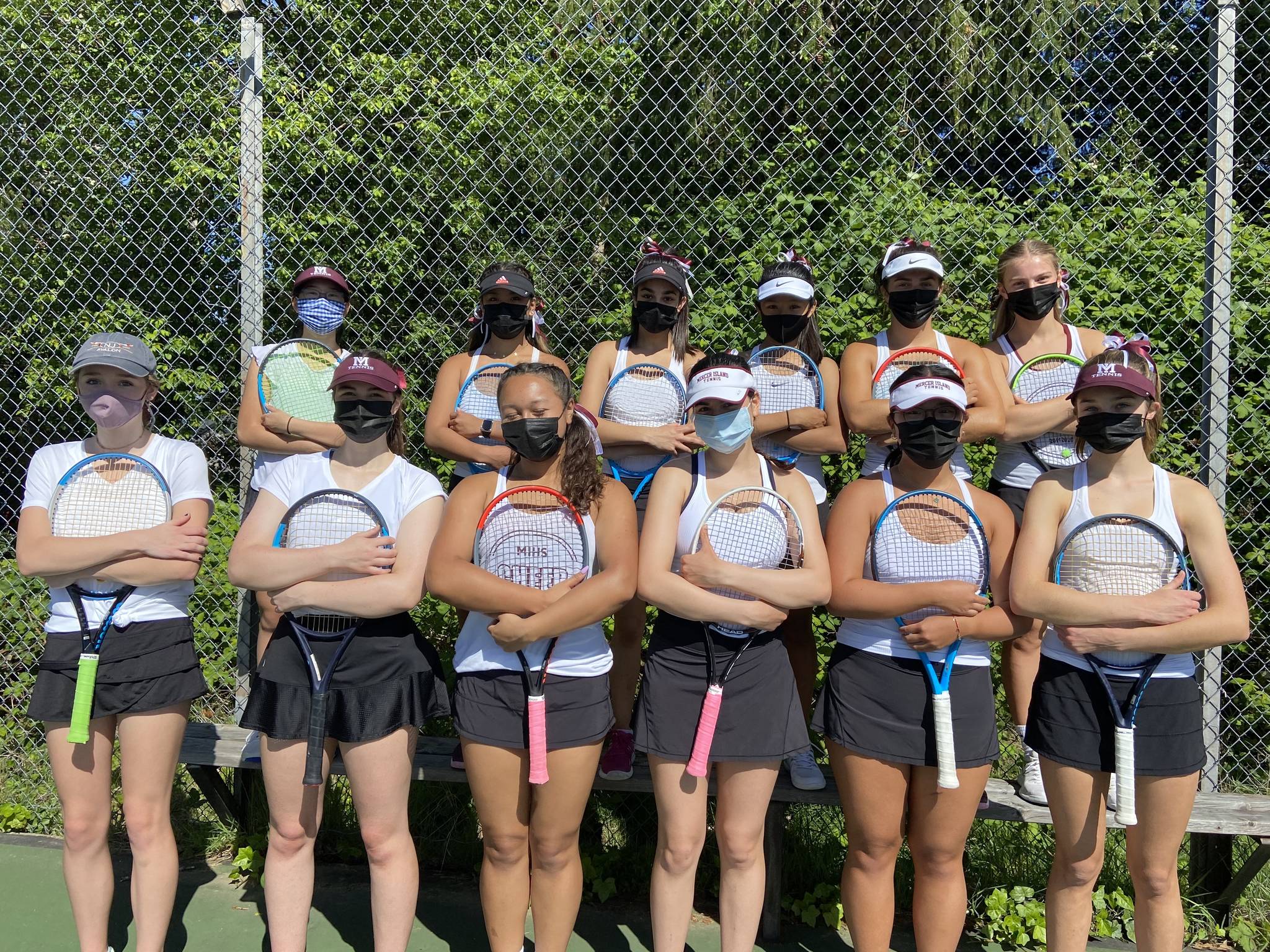 The Mercer Island High School girls varsity tennis team defeated its first three opponents, Newport, Sammamish and Bellevue, 7-0 each. Pictured back row, from left to right: Maya Wong, Ava Motroni, Jaya Manhas, Chloe Degracia, Celia Steinhauer and Lindsey Whelan. Front row, from left to right: Charlotte Morrison, Kendall Baebler, Ella Simpson, Mira Patel, Izzy Roe and Ava Chatalas. Coaches are Carol Gullstad and Julie Stillman. Photo courtesy of Carol Gullstad