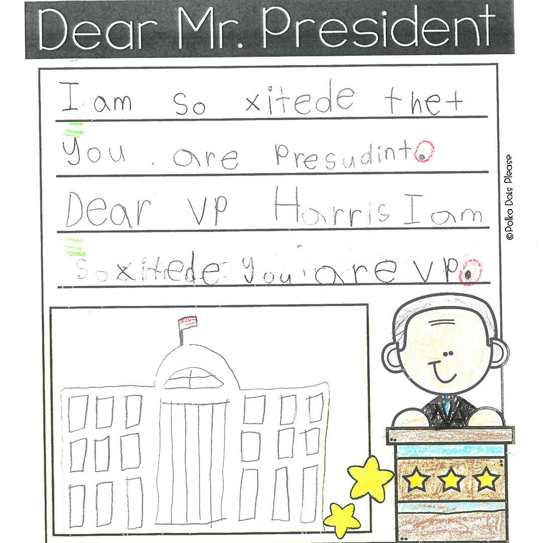 “Dear Mr. President – I am so excited that you are president. Dear VP Harris. I am so excited you are VP.” Courtesy of the Stroum Jewish Community Center