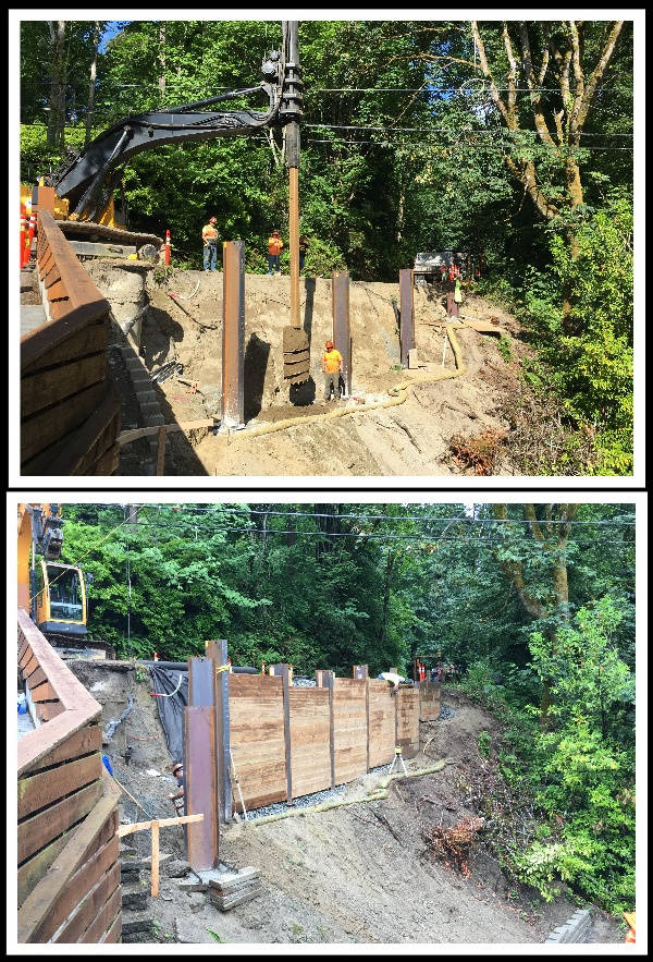 Pictured are early and nearly finished images of the East Mercer Way landslide repair project, featuring a 75-foot-long soldier pile retaining wall. Photos courtesy of the city of Mercer Island