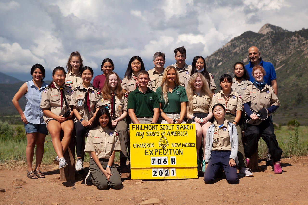 The Troop 678 crew at Philmont Scout Ranch in New Mexico, from left to right, Dr. Susan Shenoi, Amelia Han, Julia Harper, Lexi Liu, Simone Shenoi, Sofia Loop, Lydia Hogg, Rachel Yu, Matt Maring, Dan Harper, Lauren Maring, Karen Zhang, Nina Yan, Joyce Liu, Anahita Najafian, Dr. Behzad Najafian and Juliana McKeehan. Joining them are a pair of Philmont rangers who gave the troop an orientation. Courtesy photo