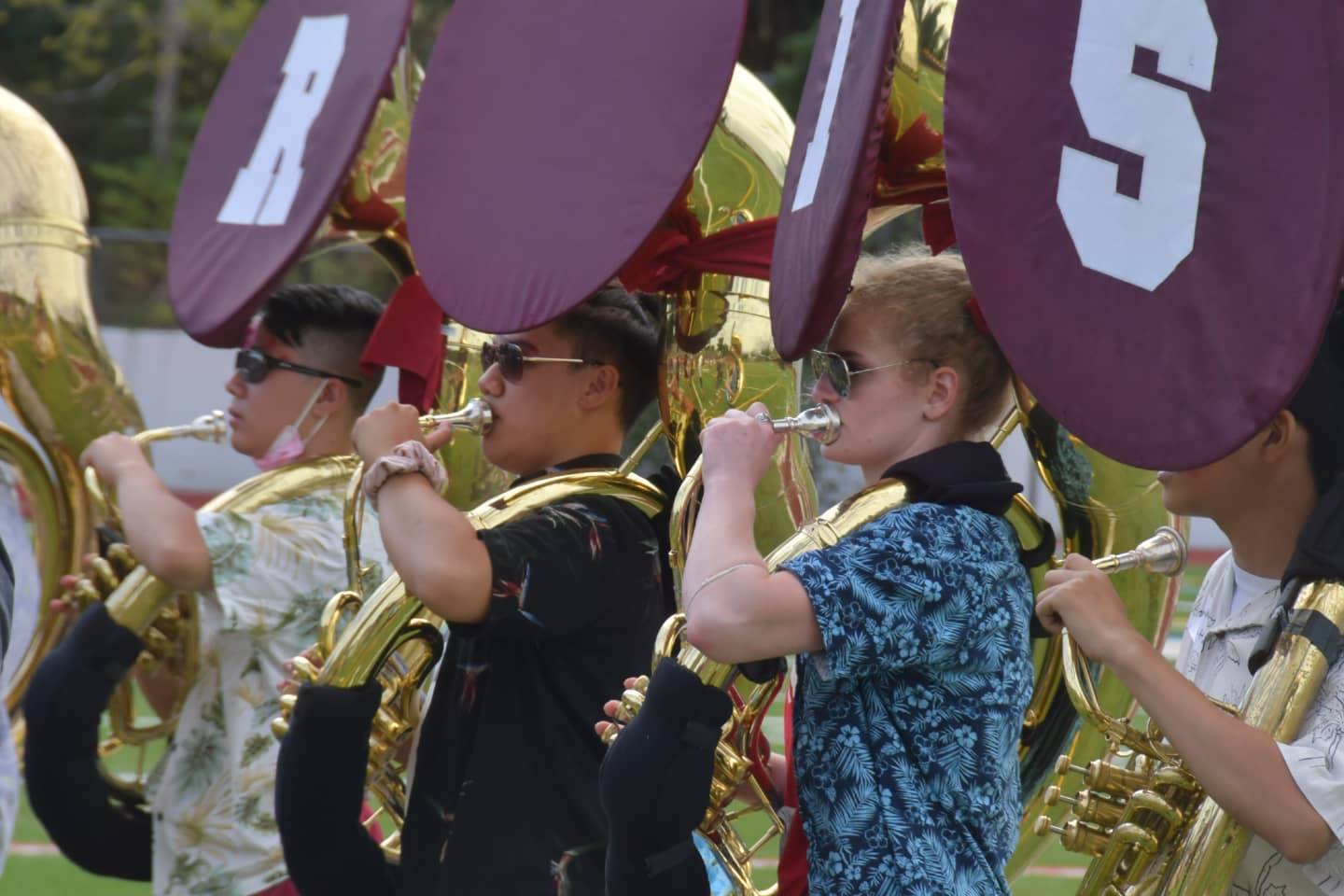 The Mercer Island High School (MIHS) marching band participates in the opening day of its five-day camp on Aug. 16 at Islander Stadium. Pictured are sousaphone players, left to right, Connor Sun, Gabriel Andres and Lily Clark. Photo courtesy of Joe Chen