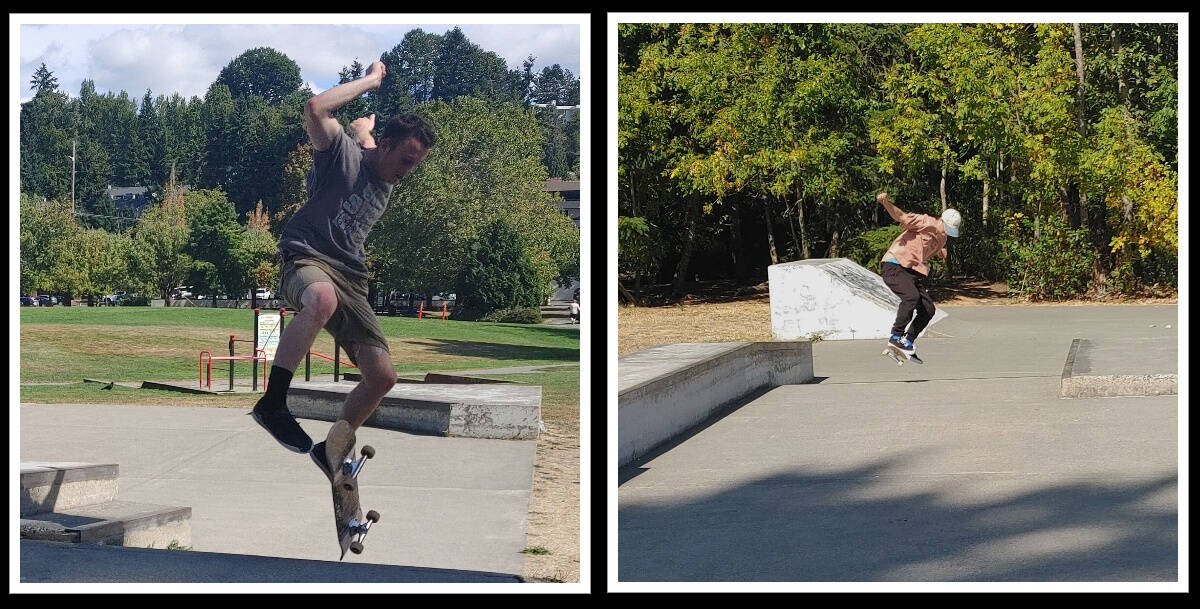 Mercer Island High School alumni Sam Bahn, left, and Joddy Krebs enjoy a skateboarding session at Mercerdale Park on Sept. 13. Andy Nystrom/ staff photos