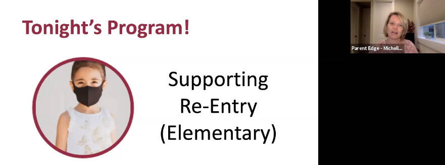 Michelle Ritter of MI Parent Edge leads the “Supporting Re-Entry (Elementary)” virtual meeting on Sept. 20. Zoom screen shot