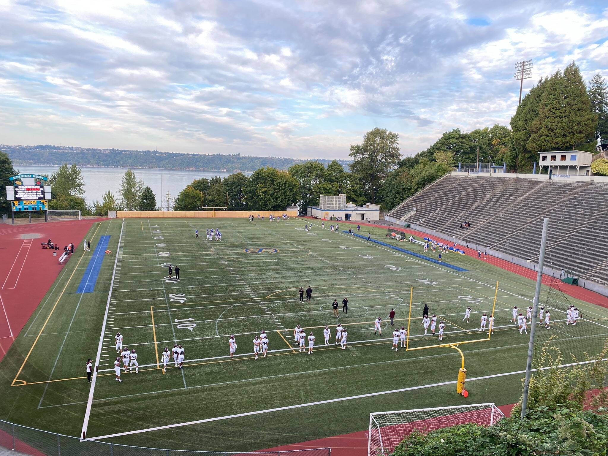 The Mercer Island High School football team warms up for its Sept. 24 game at picturesque Stadium High School in Tacoma. Photo courtesy of the Mercer Island School District