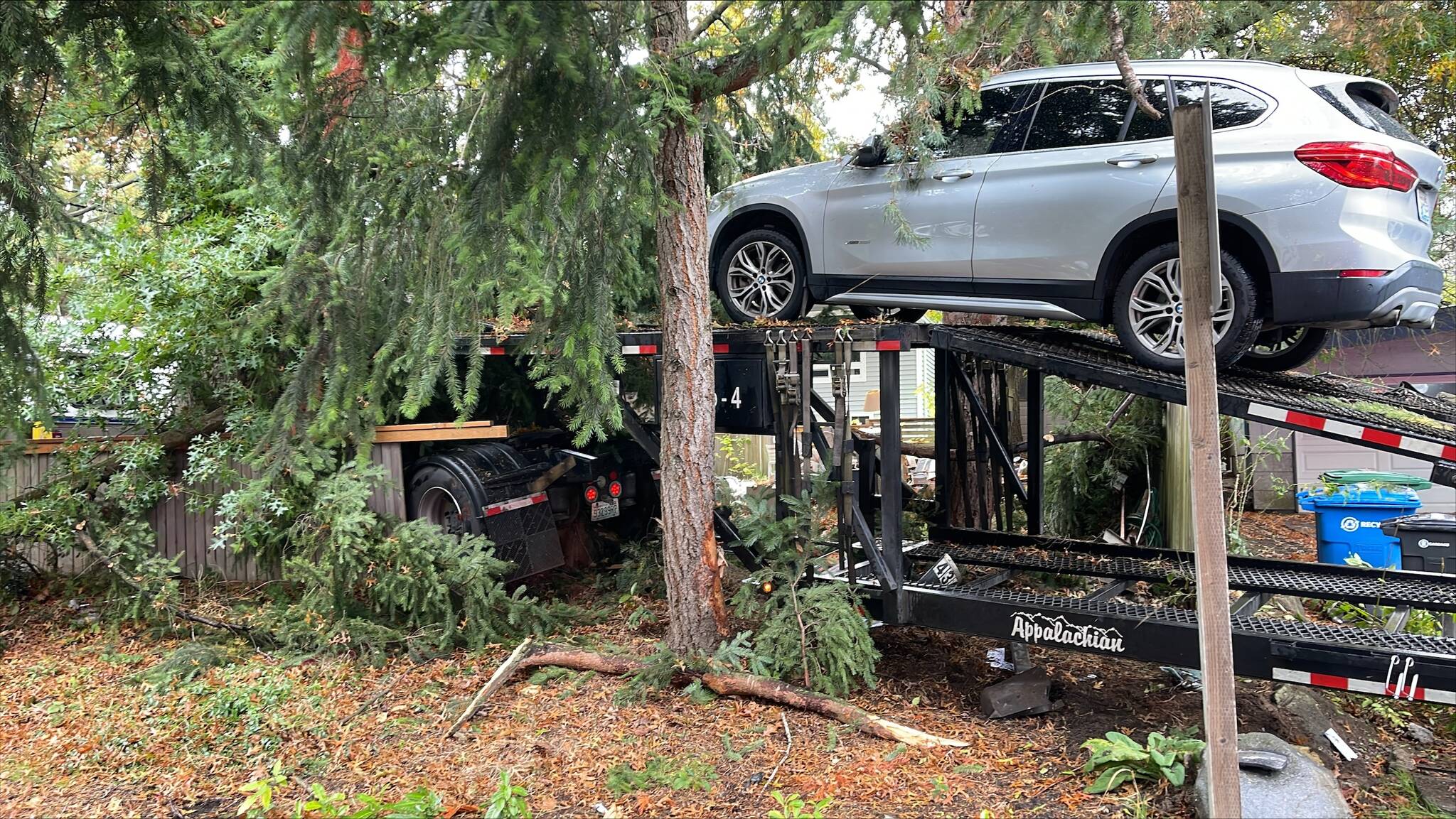 A tractor-trailer veered off the road in the 4300 block of Island Crest Way on Oct. 5. Courtesy of the Mercer Island Police Department