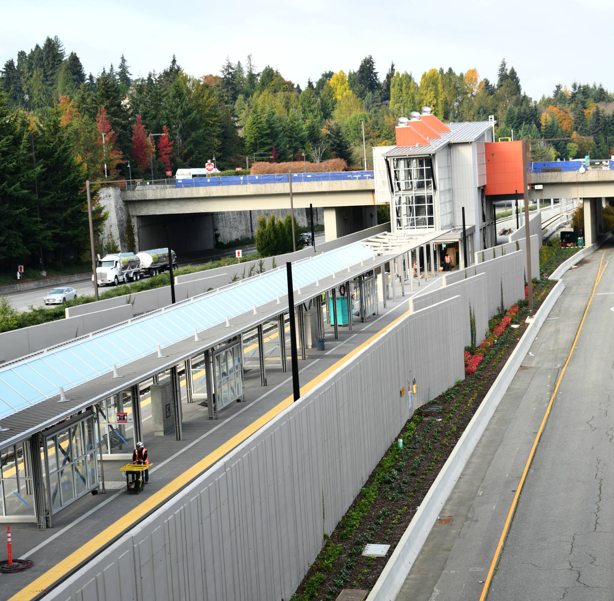 Construction takes place on the Sound Transit East Link rail station on Mercer Island. Reporter file photo