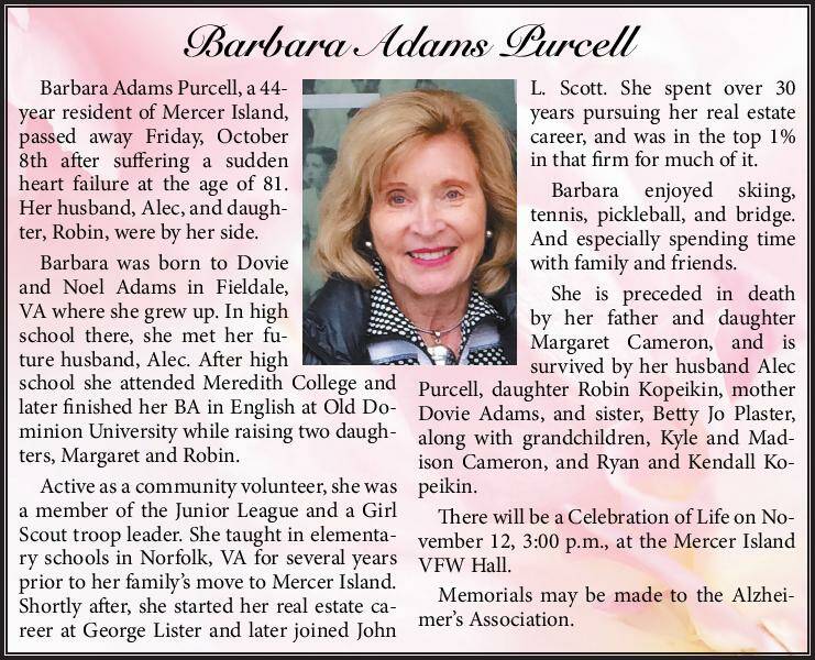 Barbara Adams | | Mercer Island Reporter