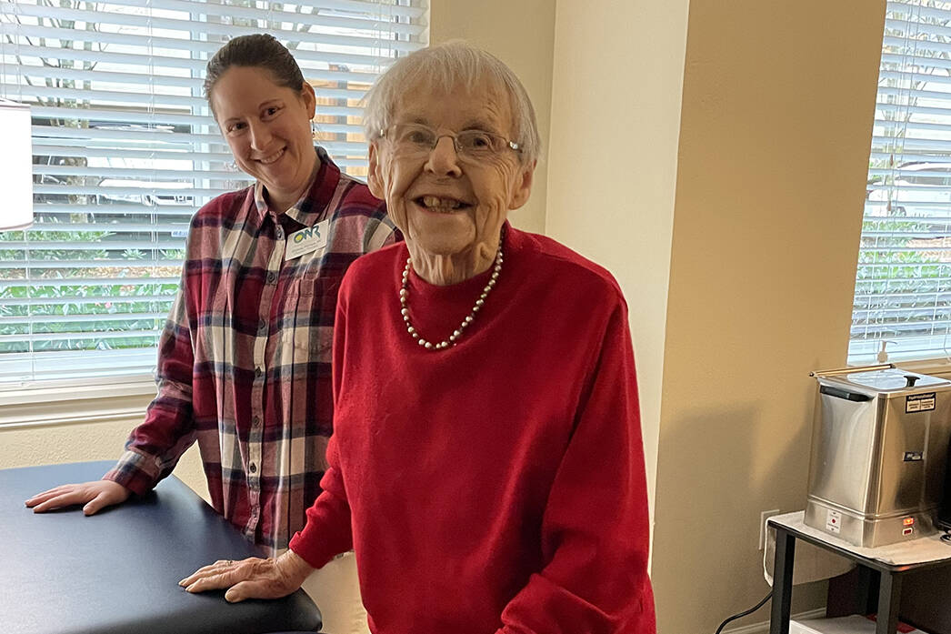 Island House resident Adah Edwards works on balance and strength exercises with Physical Therapist Chrissy Phillips. There are many advantages to having health professionals just down the hall!