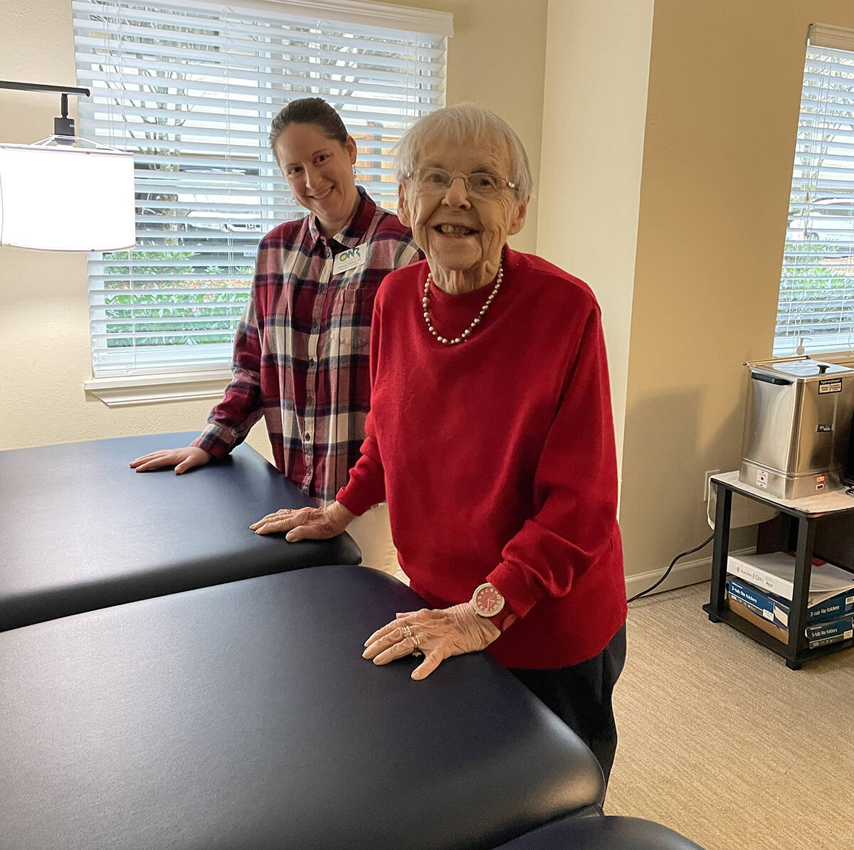 Island House resident Adah Edwards works on balance and strength exercises with Physical Therapist Chrissy Phillips. There are many advantages to having health professionals just down the hall!