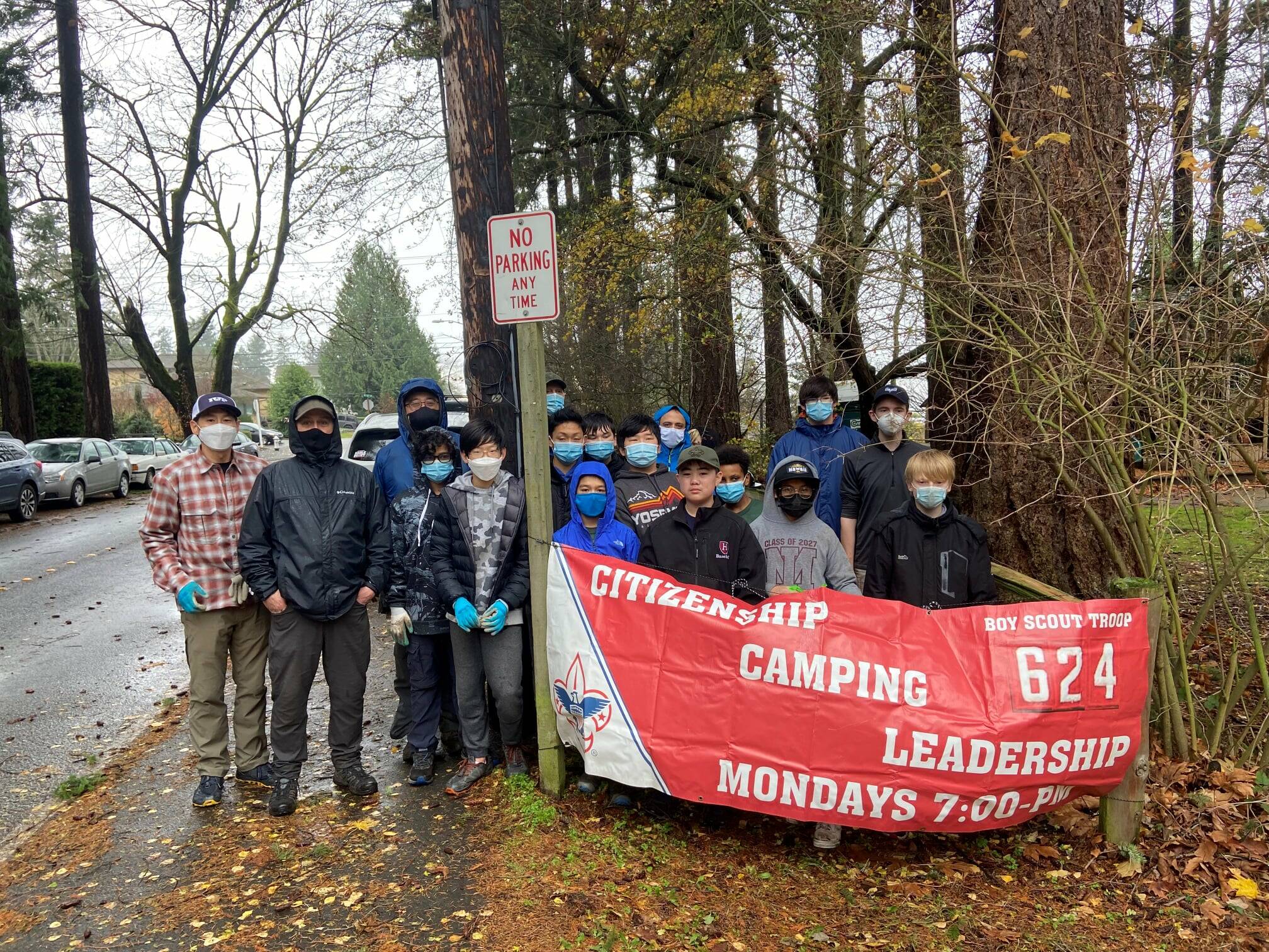 Mercer Island Boy Scout Troop 624 recently braved the rain for a clean-up and planting service project at First Hill Park. Pictured are the scouts with adult leaders: Amani Bergquist, Robert Bergquist, Carolyn Boatsman, Marko Loop, Charles Luu, Milo McJannet, Laszlo, McKenna, Khai McMullan, Brenden Nago, Drew Ogata, Randy Ogata, Neil Pandya, Chirag Pandya, Yul Park, Andrew Park, Kyle Ritchie (top row, far right), Matthew Strong, Michael Strong and Randy Xu. Courtesy photo