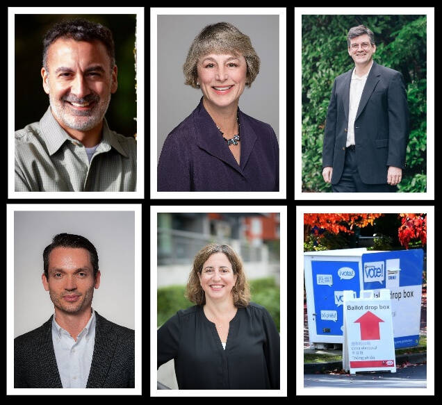 Top, Mercer Island City Council general election winners, Salim Nice, Lisa Anderl and Ted Weinberg. Bottom, Mercer Island School District director victors, Dan Glowitz and Deborah Lurie. Courtesy photos