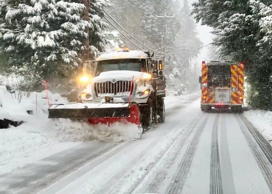 As of Jan. 4, Mercer Island Public Works crews had used 75 cubic yards of salt, 30 cubic yards of sand and 2,200 gallons of liquid deicer to treat city streets during the recent snow storm, according to a report at the city council meeting. During the 11-day period from Dec. 25 to Jan. 4, a smaller staff — due to holiday schedules — plowed roads, managed 11 road closures, responded to fallen trees on the roadway, completed a water main repair, conducted stormwater piping clearing and responded to freezing issues at the city’s reservoir tanks. Photo courtesy of the city of Mercer Island