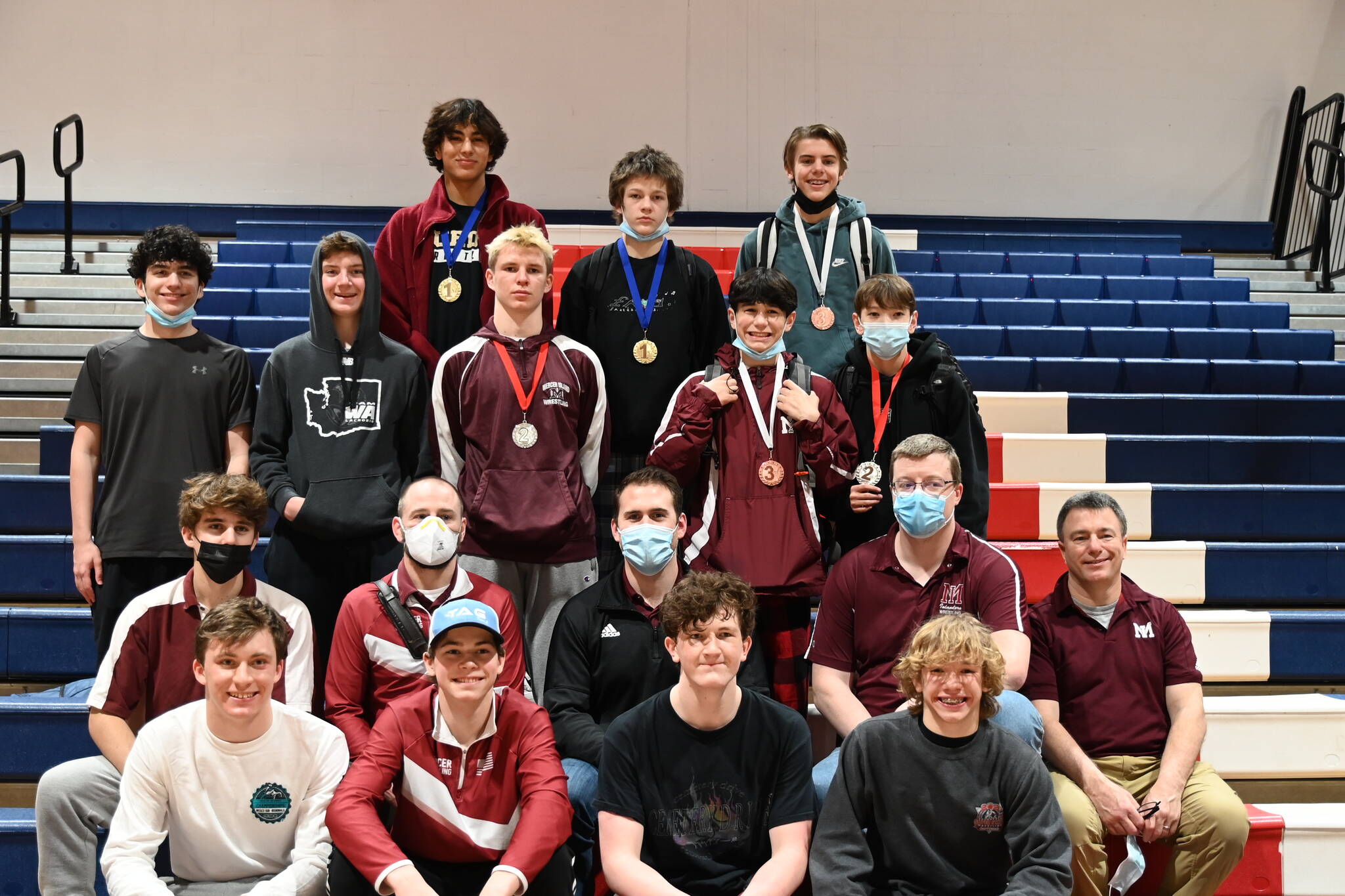 The Mercer Island High School wrestling squad took third at the 3A KingCo sub-regional on Feb. 4 at Juanita High School. Photo courtesy of Aaron Koopman