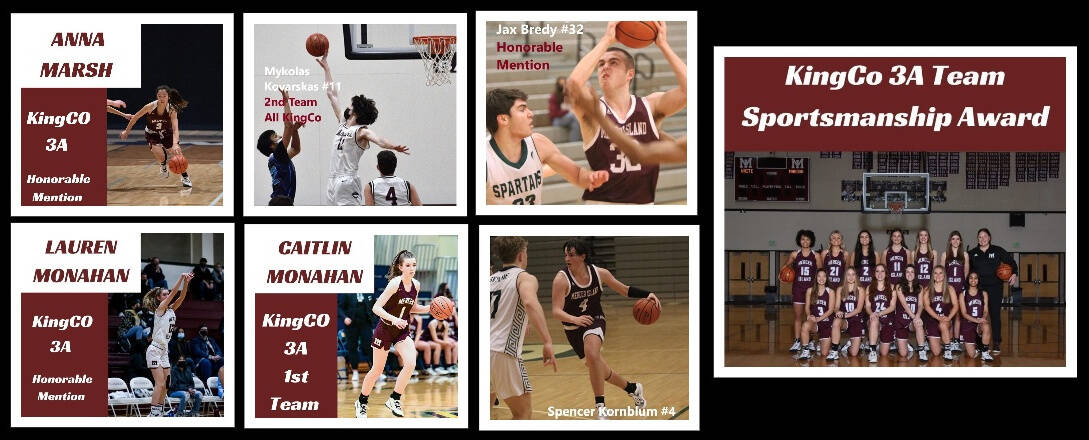After the Mercer Island High School basketball teams closed their book on the 3A KingCo season, several players earned all-league honors and both squads were also honored. Girls: Sophomore Caitlin Monahan, first team; freshman Anna Marsh, honorable mention; junior Lauren Monahan, honorable mention; and team sportsmanship award. Boys: Junior Mykolas Kovarskas, second team; junior Jax Bredy, honorable mention; sophomore Spencer Kornblum, honorable mention; and team sportsmanship award. Courtesy photos