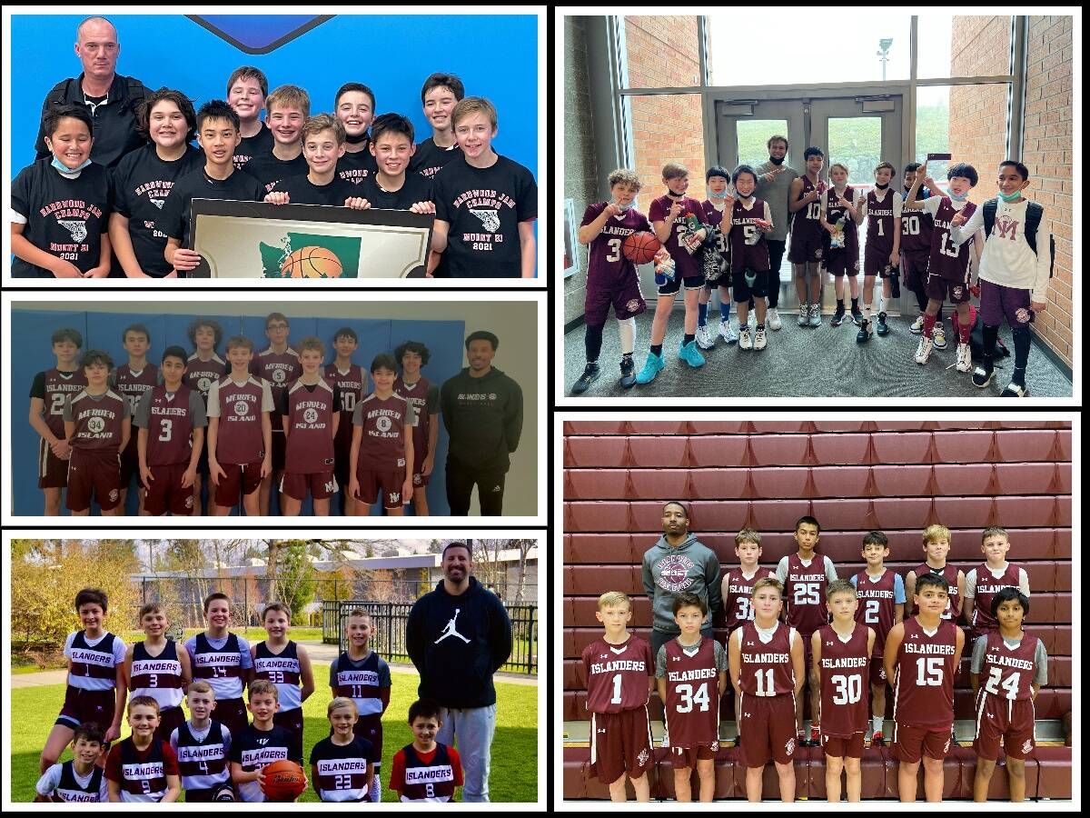 Clockwise from top are Mercer Island Select Boys Basketball state-bound squads in grades seven, five, six, four and eight. Courtesy photos
Seventh-graders: From left to right: Noa Cook, Coach Yan Fatien, Joey Weiss, Jayden Yuen, Ewan Shea, Finn Killian, Charlie Friedman, Jonah Duitch, Tyler Rockfeld, Kai Winship and Chase Kelly.
Fifth-graders: Left to right: Rowan Neher, Justin Howard, Thomas Ruan, Nolan Kim, Coach Mason Azose, Guven Nguyen, Nick Keefe, Ian Crump, Thomas Castaneda, Daniel Ruan and Shyam Rathod.
Sixth-graders: Back row, left to right: Coach Benson Sims, Zachary Walzer, Kabir Bains, Cole Howard, Riley Anderson and Caden Conklin. Front row, left to right: Zach Hansen, Isaac Alpert, Brady Dolence, Lucas Cuneo, Brahm Pandey and Pranav Elumalai.
Fourth-graders: Back row, left to right: Laign Magee, Jacob Sharpe, Colton Gribble, Will Russell, Drew Munson and Coach Tony Locasio. Front row, left to right: Zachary Ashberg, Johnny Banchero, Paxton Conklin, Cash Coochise, Luke Thomas and Cal Robinson.
Eighth-graders: Back row, left to right: Milo Berkeley, Derek Borden, Andrei McDonald, Zach Swendrowski, Hugh Borden, Isaiah McBride and Coach Glen Dean. Front row, left to right: Henry May, Nicholas Castaneda, Brendan McGuire, Colin Monahan and Owen Hasenoerhl.