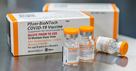 This October 2021 photo provided by Pfizer shows kid-size doses of its COVID-19 vaccine.
