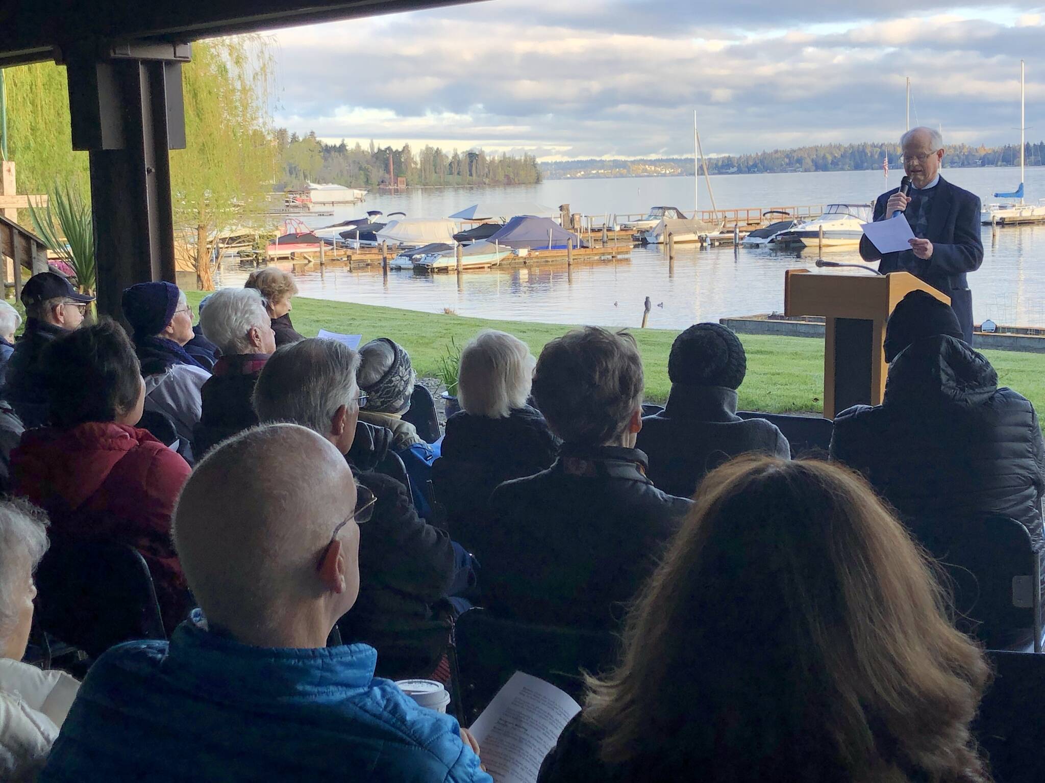 Some 50 residents at Mercer Island’s Covenant Living at the Shores braved the early morning cold to attend the annual sunrise service lakeside on Easter. The guest preacher was Rev. Richard Gronhovd, retired Presbyterian pastor who recently moved to the campus. The service was officiated by Rev. Greg Asimakoupoulos, who begins his 10th year as chaplain this week. Courtesy of Greg Asimakoupoulos