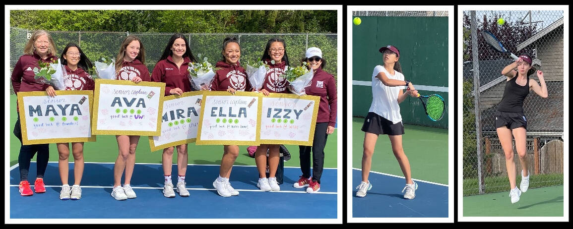 The Mercer Island High School girls tennis team completed the 3A KingCo regular season with a 12-0 record. Pictured in the group shot are coach Julie Stillman, seniors Maya Wong, Ava Chatalas, Mira Patel, Ella Simpson and Izzy Roe and head coach Carol Gullstad; Wong (white shirt); and Chatalas (black shirt). Photos courtesy of Lori Simpson