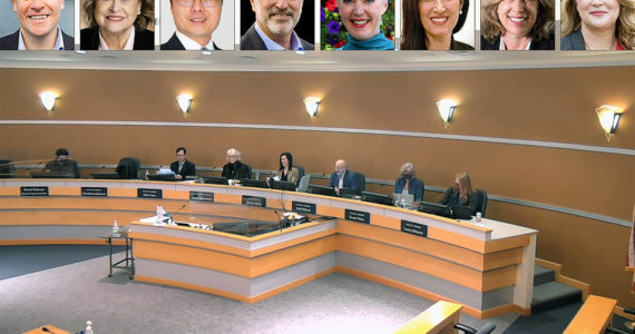 Screenshot of April 5 Edmonds City Council meeting. Inset (L-R): Mayor Mike Nelson and council members Kristiana Johnson, Will Chen, Neil Tibbott, Diane Buckshnis, Vivian Olson, Susan Paine and Laura Johnson. (City of Edmonds)