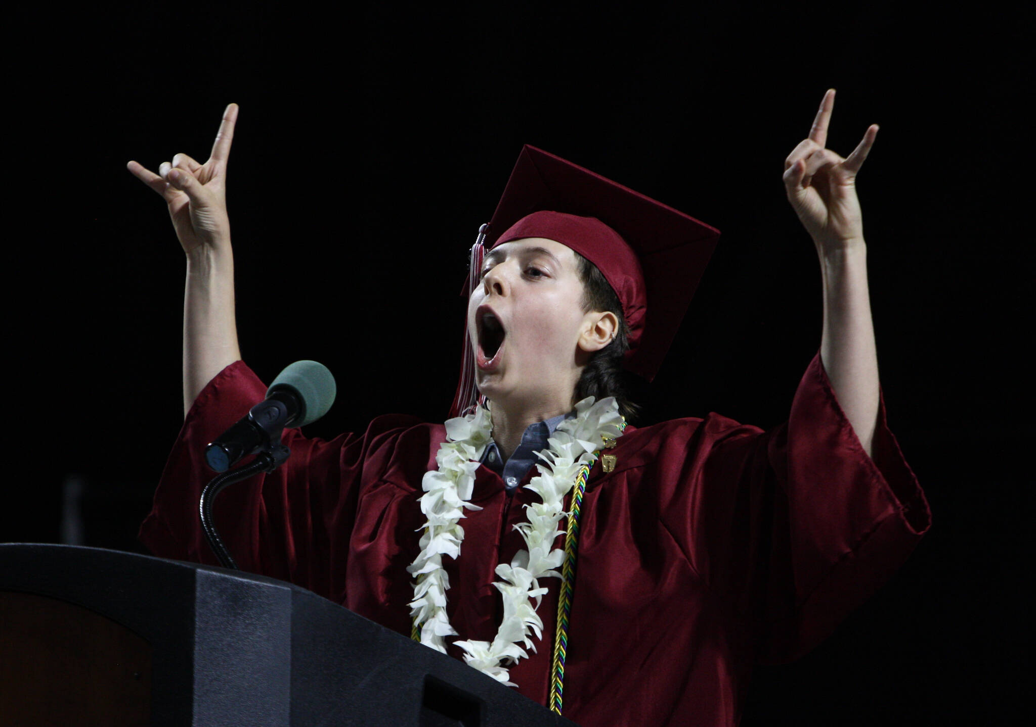 Mercer Island High School senior speaker Devon Benaroya gets animated at the Islanders’ commencement on June 9 at the accesso ShoWare Center in Kent. Andy Nystrom/ staff photo