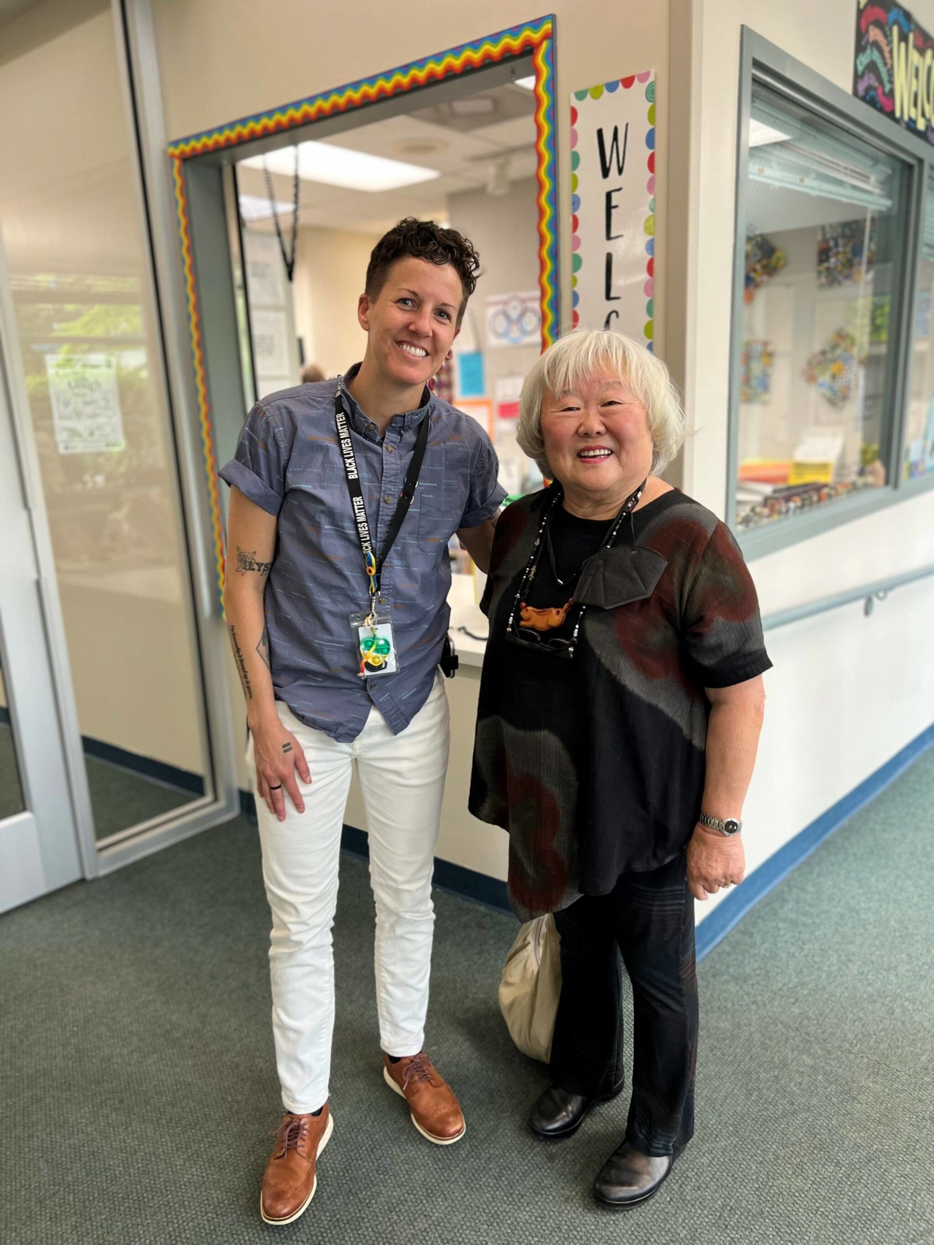 Judy Kusakabe with West Mercer Principal Megan Isakson. Photo by Soyun Chow