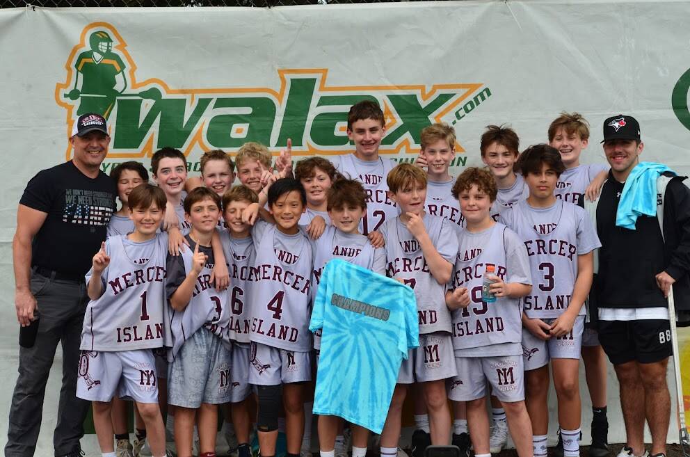 Mercer Island Lacrosse’s 5/6 Silver Team compiled a 24-0 record to win the Greater Eastside Lacrosse League championship, WA Cup and Summer Solstice 2022. Top row, right to left: Coach Jacob Piseno, Chip DuBois, Trey Kile, Cooper Topol, Thijs Stewart, Jordan Rosato, Ari Rozman, Braden Long, Jack Galgon, Sam Kalish and coach Jeff Geoghagan. Bottom row, right to left: Kinoa Brown, Rowan Neher, Justin Howard, Tommy LeClerq, Maddox Luu, Jackson Helman, Killian Cartmel and Mitchell Sweeney. Not pictured: Coach Kiernan Coles. Courtesy of Dan Rozman