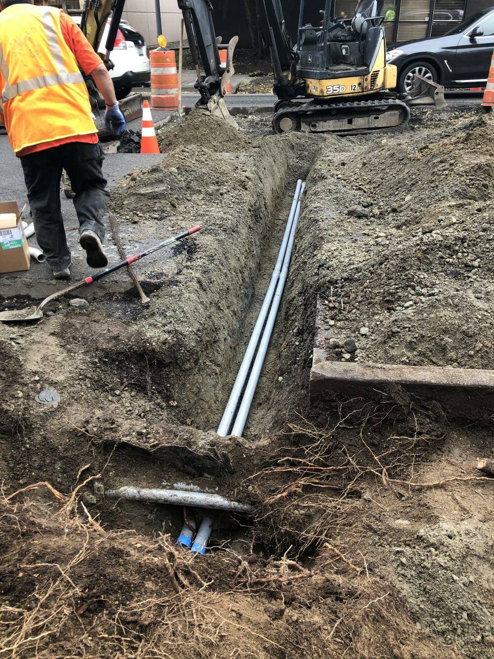 NPM Construction crews work on conduit trenching and placement during the pedestrian safety project. Courtesy of the city of Mercer Island
