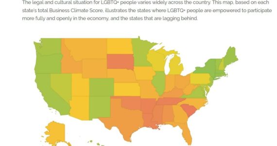 A heatmap showing the inclusivity of each state, which is based on the total Business Climate Score. The green states are the most inclusive, while the red are least inclusive; yellow and orange fall in the middle. Courtesy of Out Leadership.