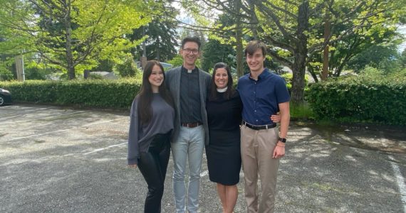 Pastor Rhonda Bostrom and her family. Left to right, Annika, Eric (Lead Pastor of Mountain View Lutheran Church, Edgewood, WA), Pastor Rhonda and Soren. Photo Courtesy of Pastor Rhonda.