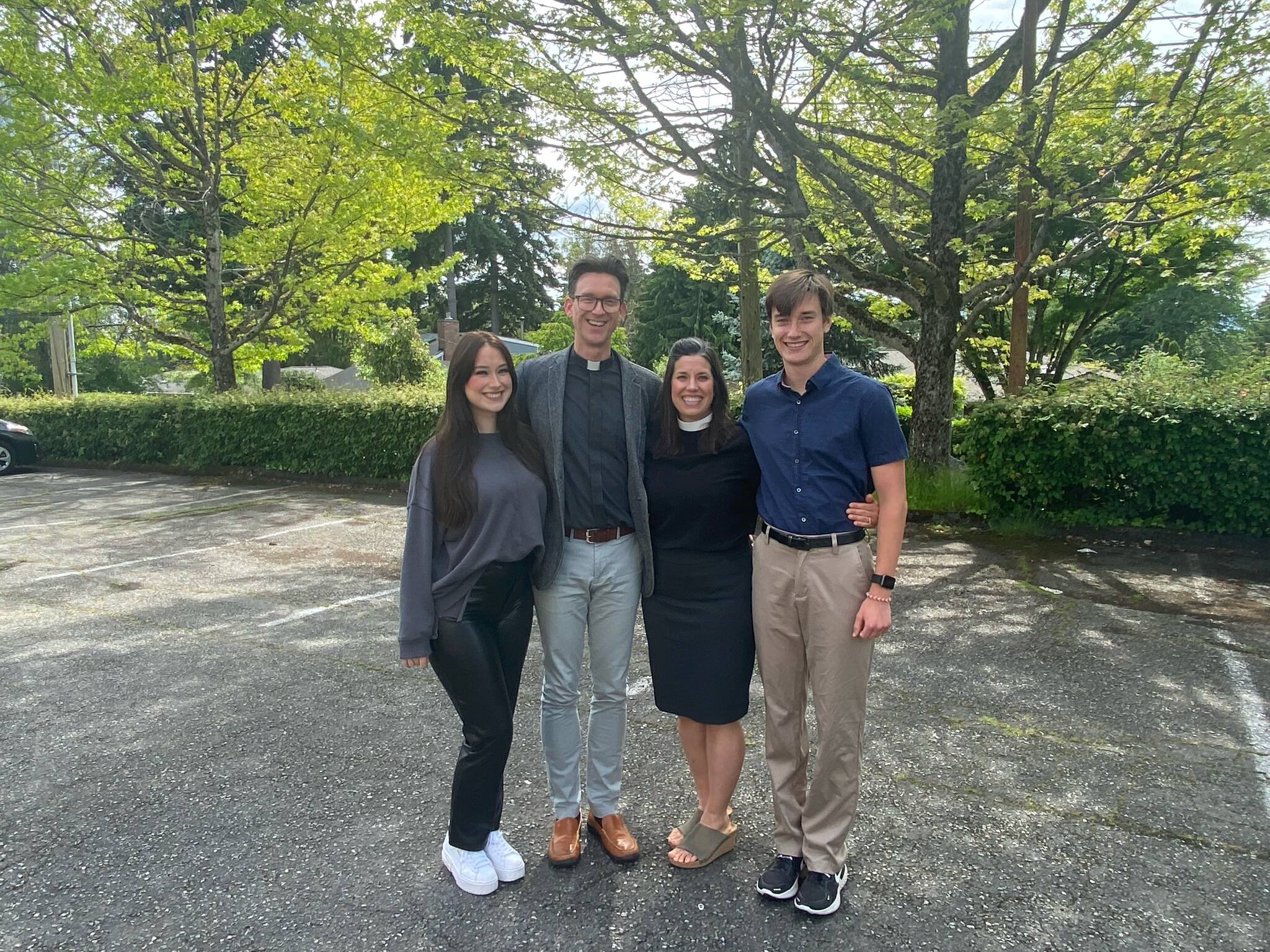 Pastor Rhonda Bostrom and her family. Left to right, Annika, Eric (Lead Pastor of Mountain View Lutheran Church, Edgewood, WA), Pastor Rhonda and Soren. Photo Courtesy of Pastor Rhonda.