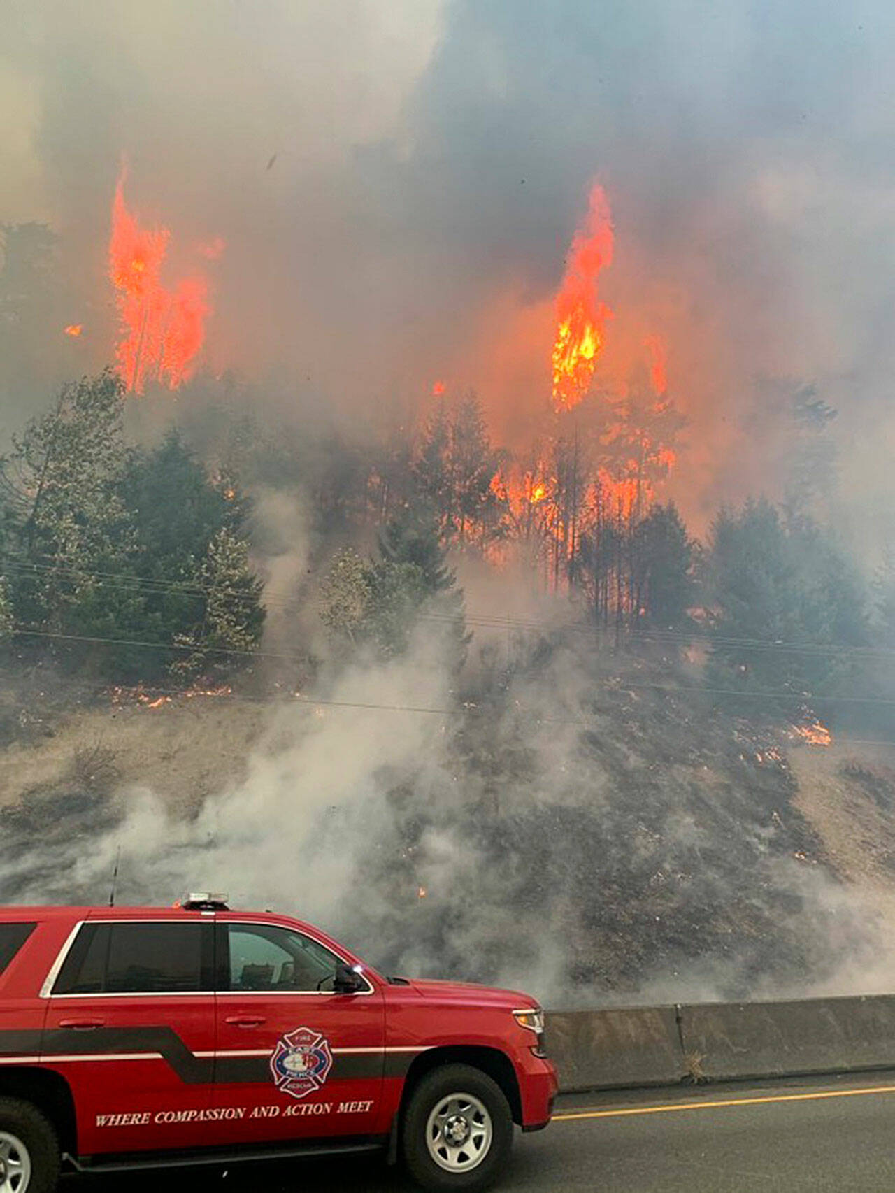 Flames attack the hillside in Bonney Lake on Sept. 8, 2020. East Pierce Fire & Rescue photo