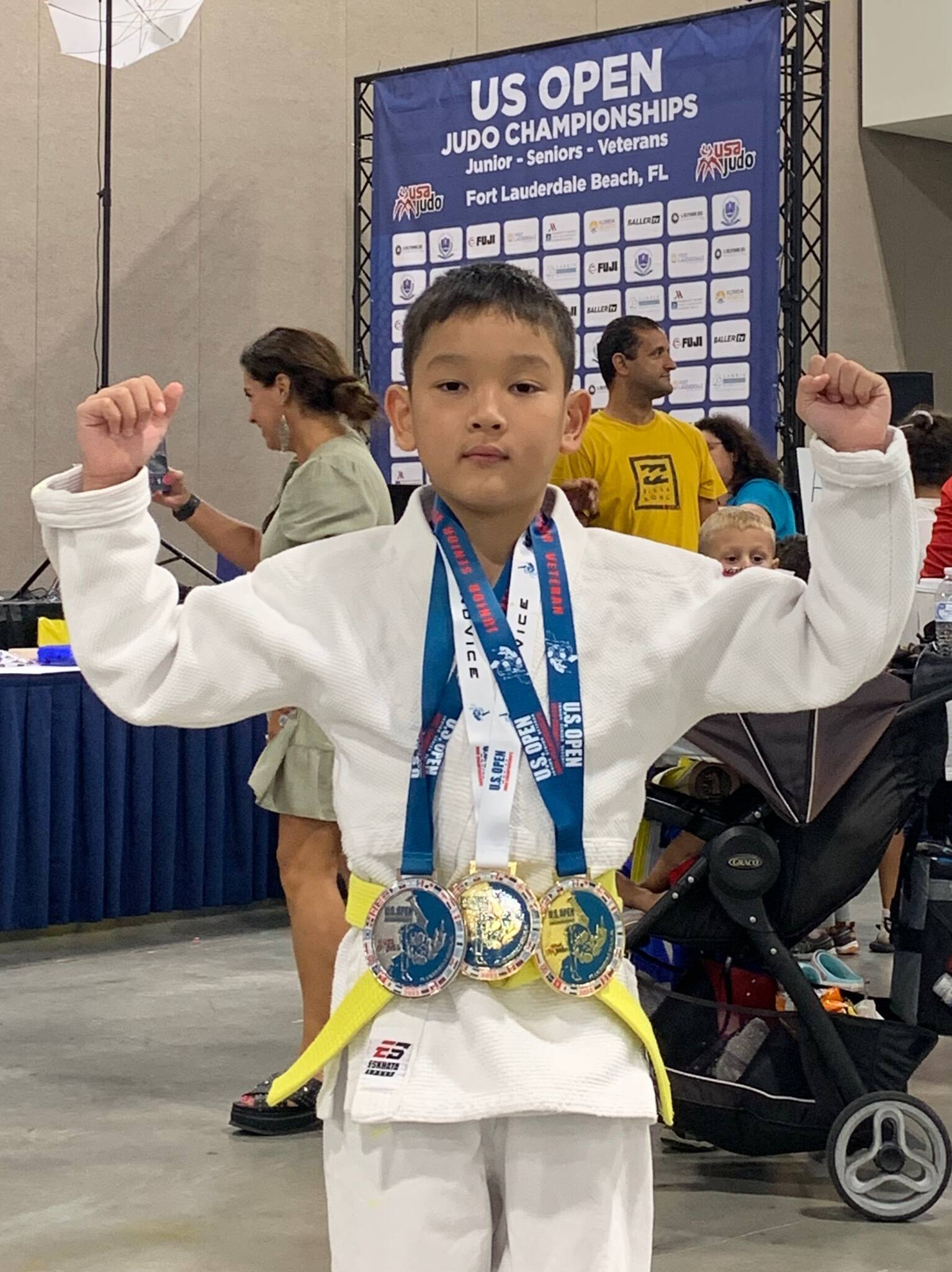 Northwood Elementary School student Mikhail Zulaev won two gold medals and a silver medal at the U.S. Open Judo Championships from July 28-31 in Fort Lauderdale Beach, Florida. He won in Novice Bantam 3 -29 kg born in 2015 and Bantam 3 -29kg born in 2015, and placed second in Bantam 4 born in 2014. Courtesy photo