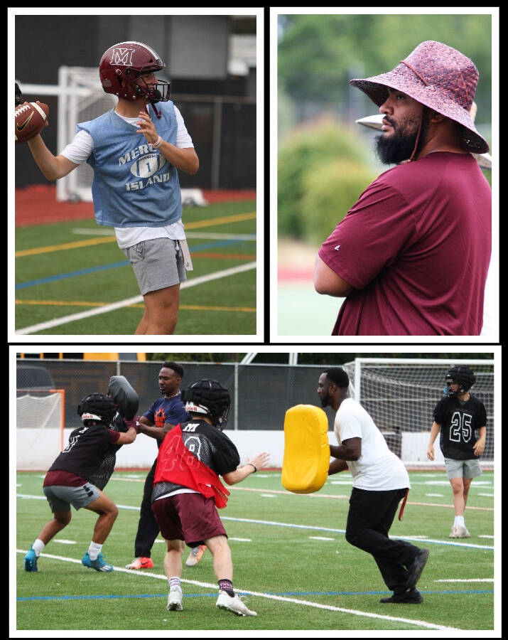 Mercer Island High School varsity football players roll through practice on Aug. 26. Pictured are quarterback Spencer Kornblum, head coach DJ Mims and other coaches and players. The Islanders will open their season at 7 p.m. on Sept. 2 versus Seattle Prep at West Seattle Stadium. Their first home game will take place at 7 p.m. on Sept. 9 against Auburn. In other upcoming Islander sporting events, boys and girls cross country will participate in a KingCo multi-team meet at 4 p.m. on Sept. 1 at Marymoor Park, girls soccer will host Issaquah at 7:30 p.m. on Sept. 6 and volleyball will travel to Issaquah at 7 p.m. on Sept. 6. Staff photos by Andy Nystrom