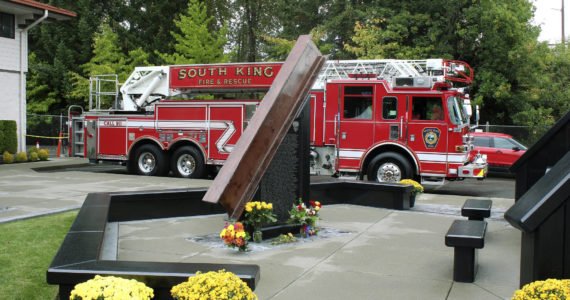 A 10-foot steel beam from the wreckage of the World Trade Center in New York is part of the South King Fire and Rescue’s memorial honoring the lives lost in the Sept. 11, 2001 terrorist attack. Olivia Sullivan/the Mirror