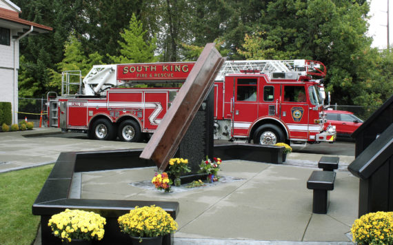 A 10-foot steel beam from the wreckage of the World Trade Center in New York is part of the South King Fire and Rescue’s memorial honoring the lives lost in the Sept. 11, 2001 terrorist attack. Olivia Sullivan/the Mirror