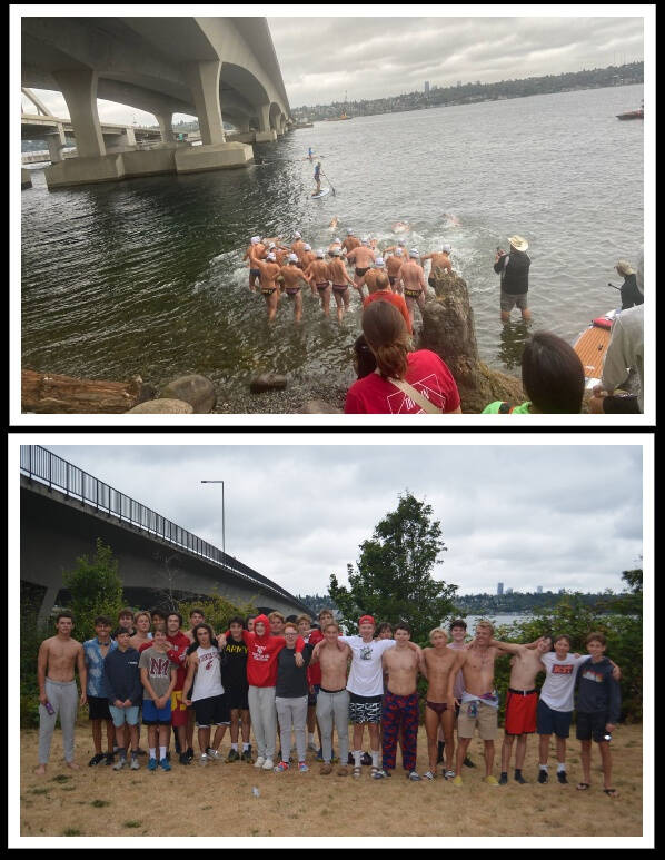 The Mercer Island High School boys water polo squad participated in a season kick-off event on Aug. 26. Photos courtesy of Sara Marxen (top) and Boyd Peterson (bottom)